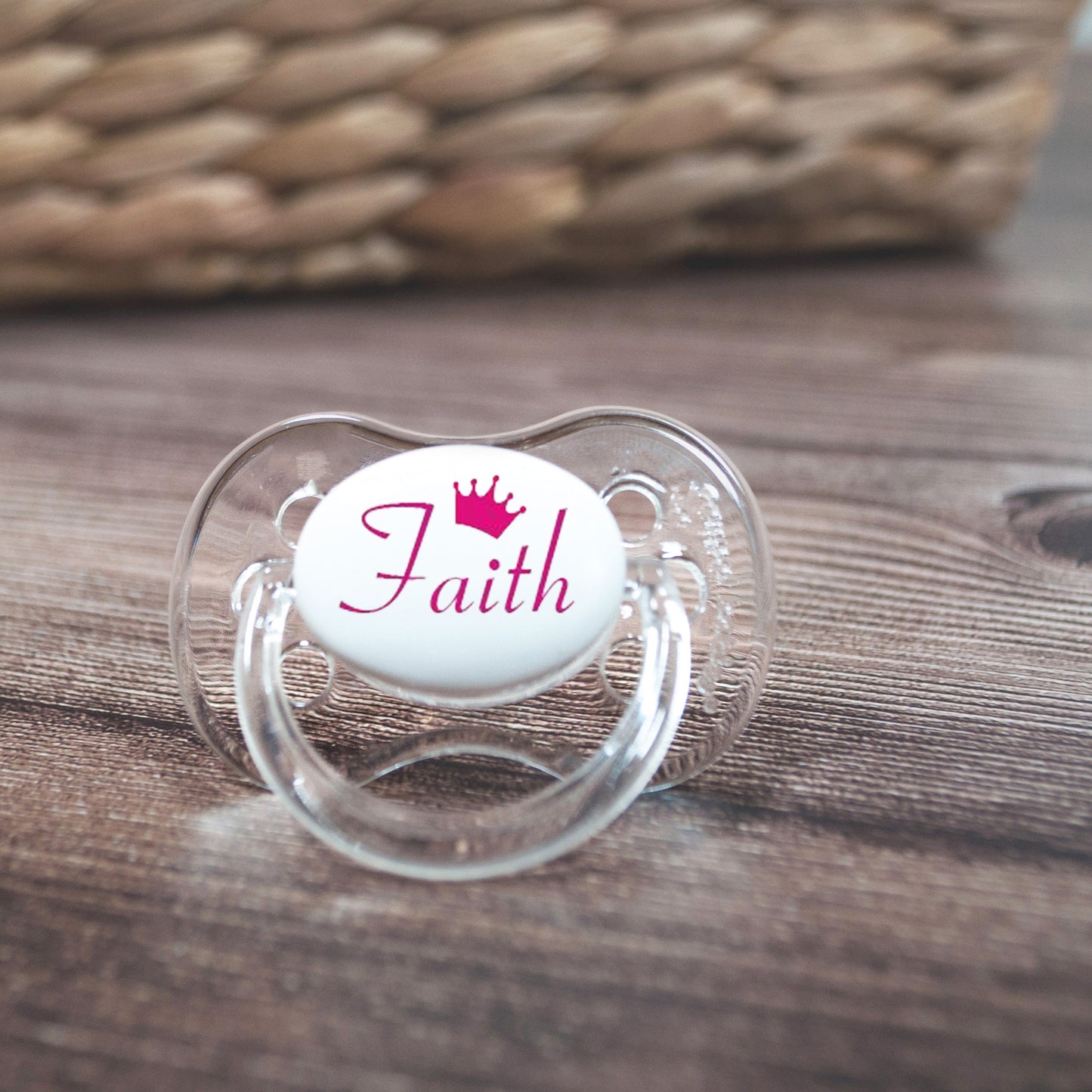 Personalised baby dummy with pink name and crown