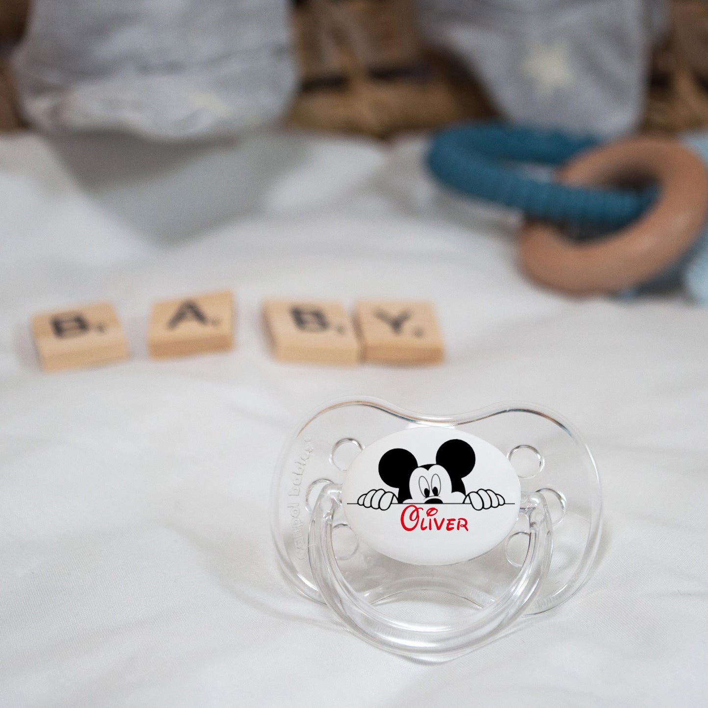 Personalised baby dummy with Mickey Mouse and name